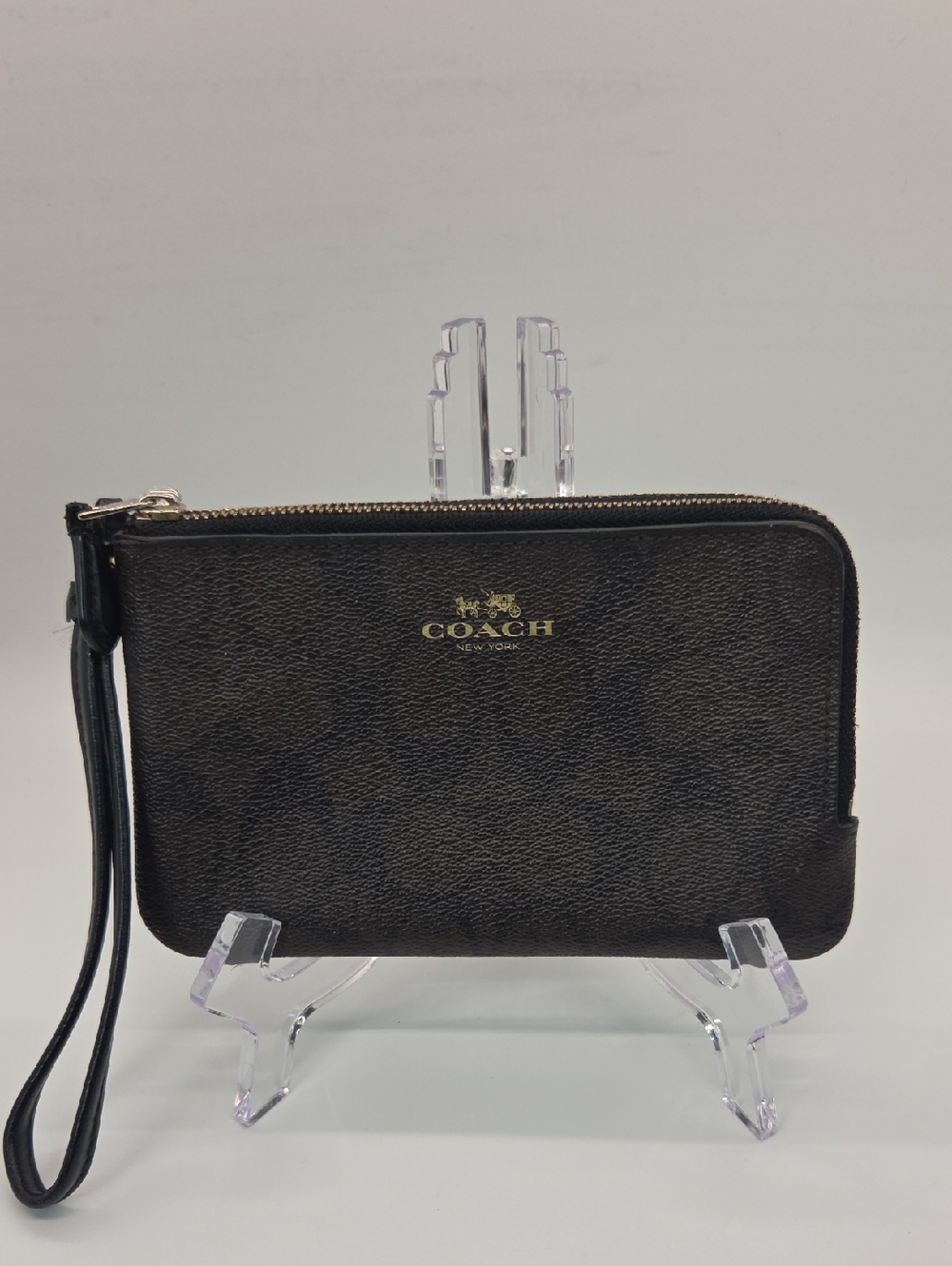 Coach Double Corner Zip Black Leather Wristlet with Gold Logo